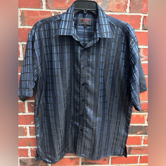 Jean Paul Exclusive Milan Italy Mens Short Sleeve Button Down XL Shirt Blue/Blck - Picture 1 of 4